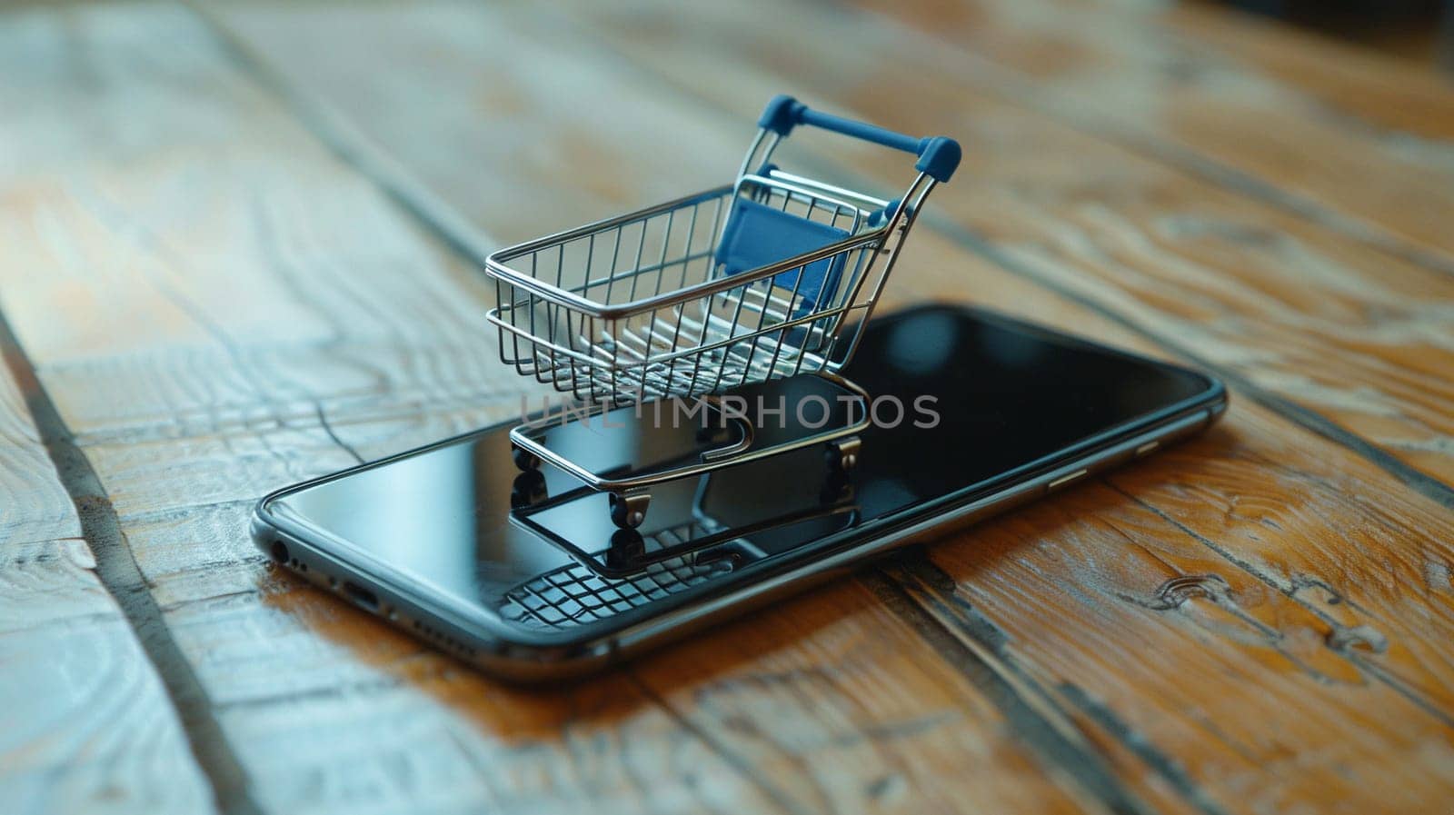 Conceptual image of a small shopping cart on a smartphone screen, representing online shopping, e-commerce, and modern consumerism on a wooden surface.