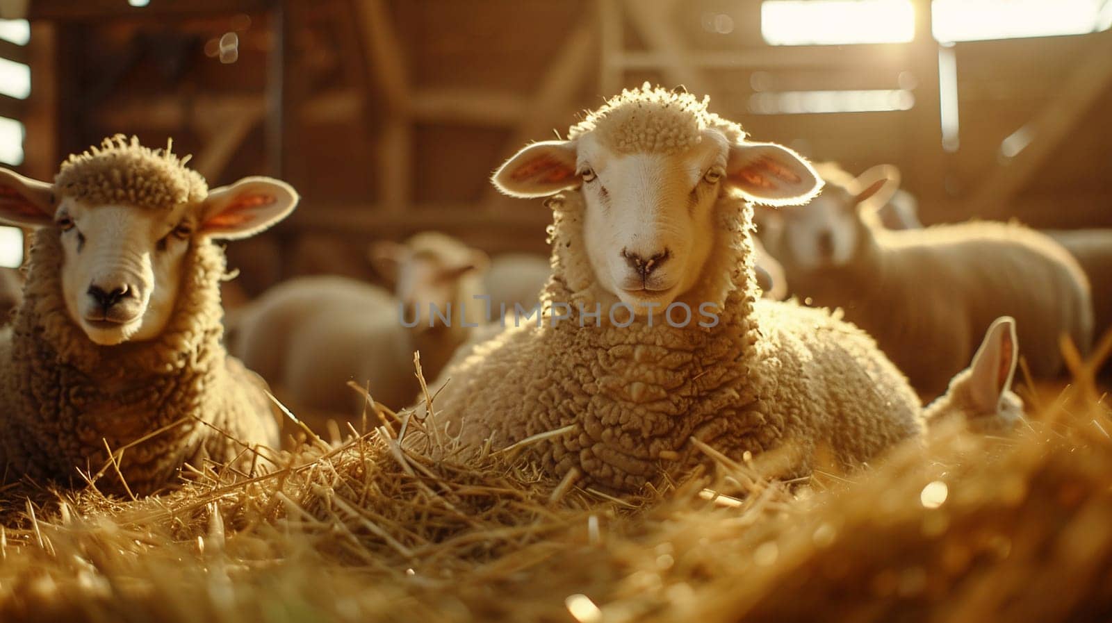 Flock of sheep, warm sunlight inside barn, peacefully resting on hay. Serene farm animals, rural setting, sense of calm and agriculture. by Yevhen89