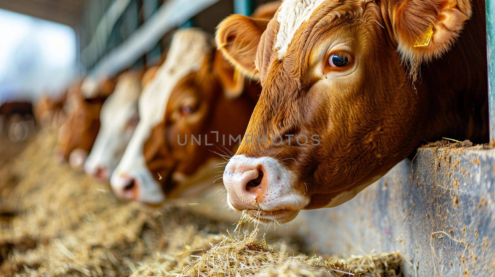 Cattle feeding on fodder in barn, captured in vibrant detail displaying farming, agriculture and dairy industry concepts.