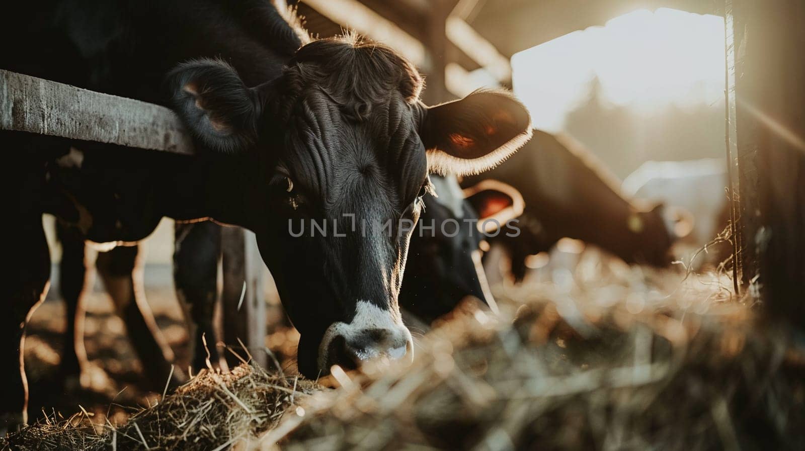 Sunlit herd of cattle enjoy meal in a cozy barn. Rustic farming scene with animals feeding on hay captured in warm light.