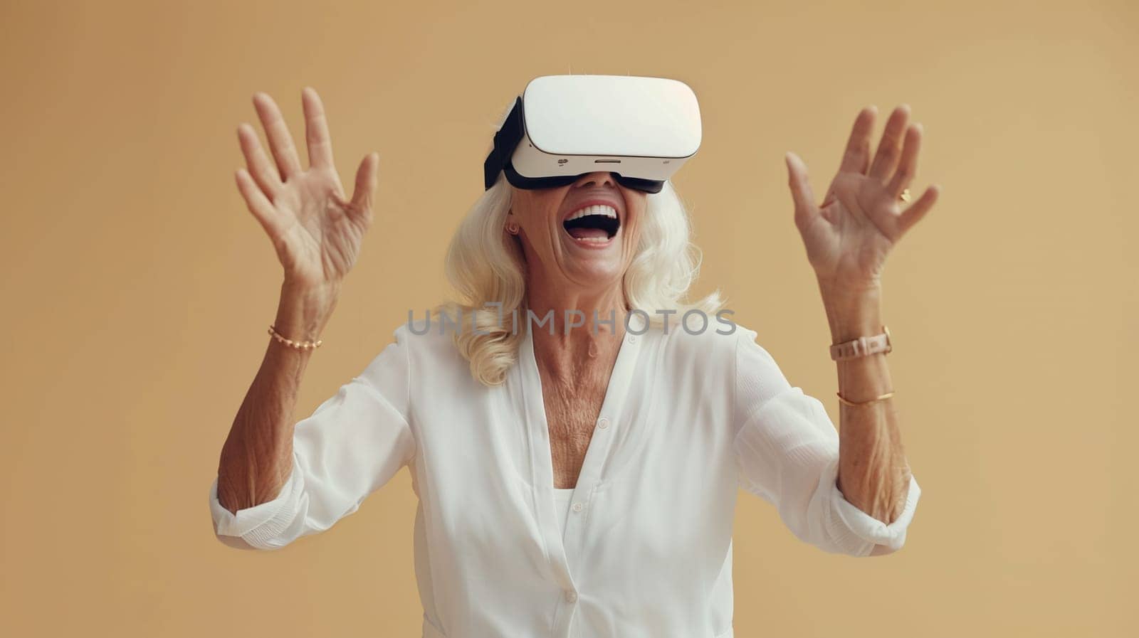 Joyful mature woman with white hair having fun using virtual reality glasses. Senior tech adoption and leisure concept. Generative AI