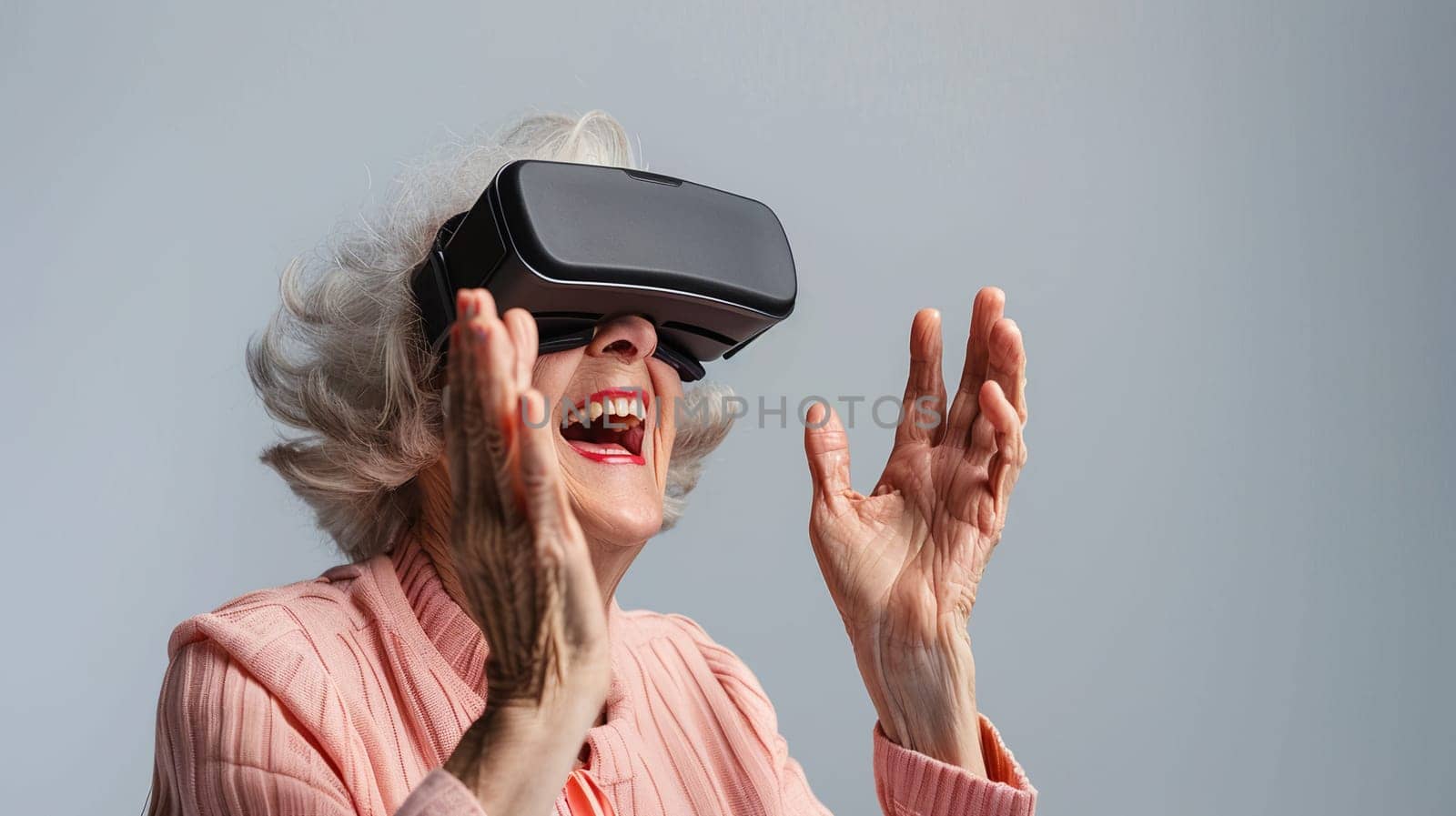 Joyful mature woman with silver hair wearing VR headset and exploring new tech. Senior engaging with cutting-edge virtual reality, showing amazement and enjoyment in moment. Generative AI