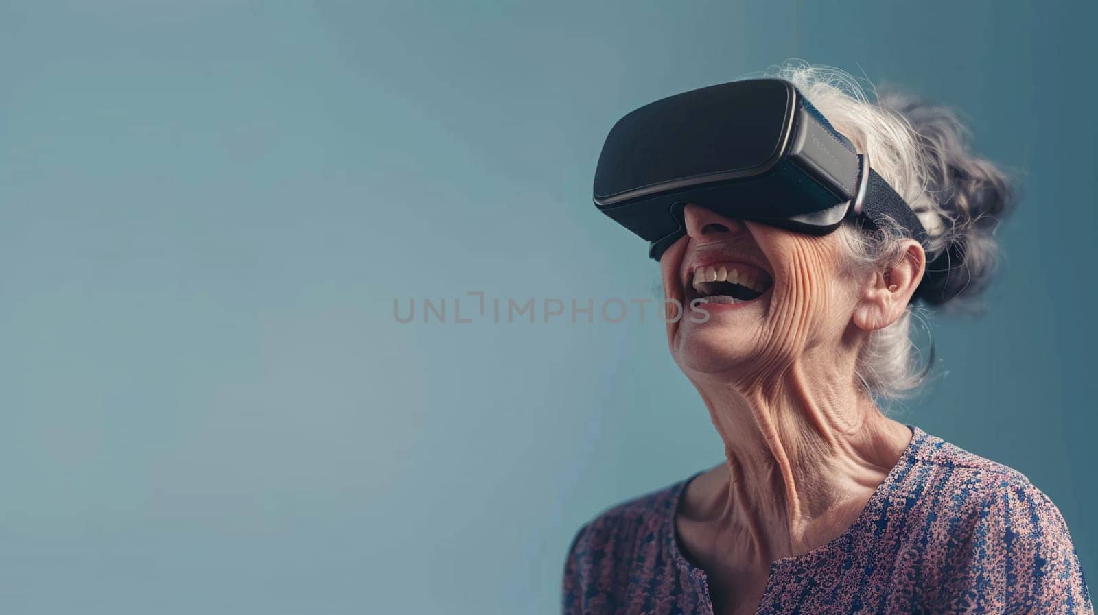 Joyful mature woman with VR headset enjoying immersive technology experience, expressing excitement and wonder, virtual reality concept for active seniors. Generative AI