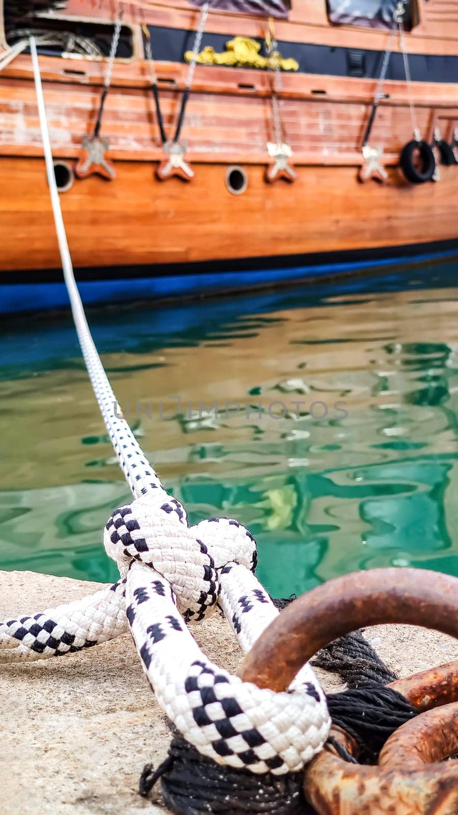Moored Ship Using Rope and Mooring Knot, Symbol of Serenity and Protection..