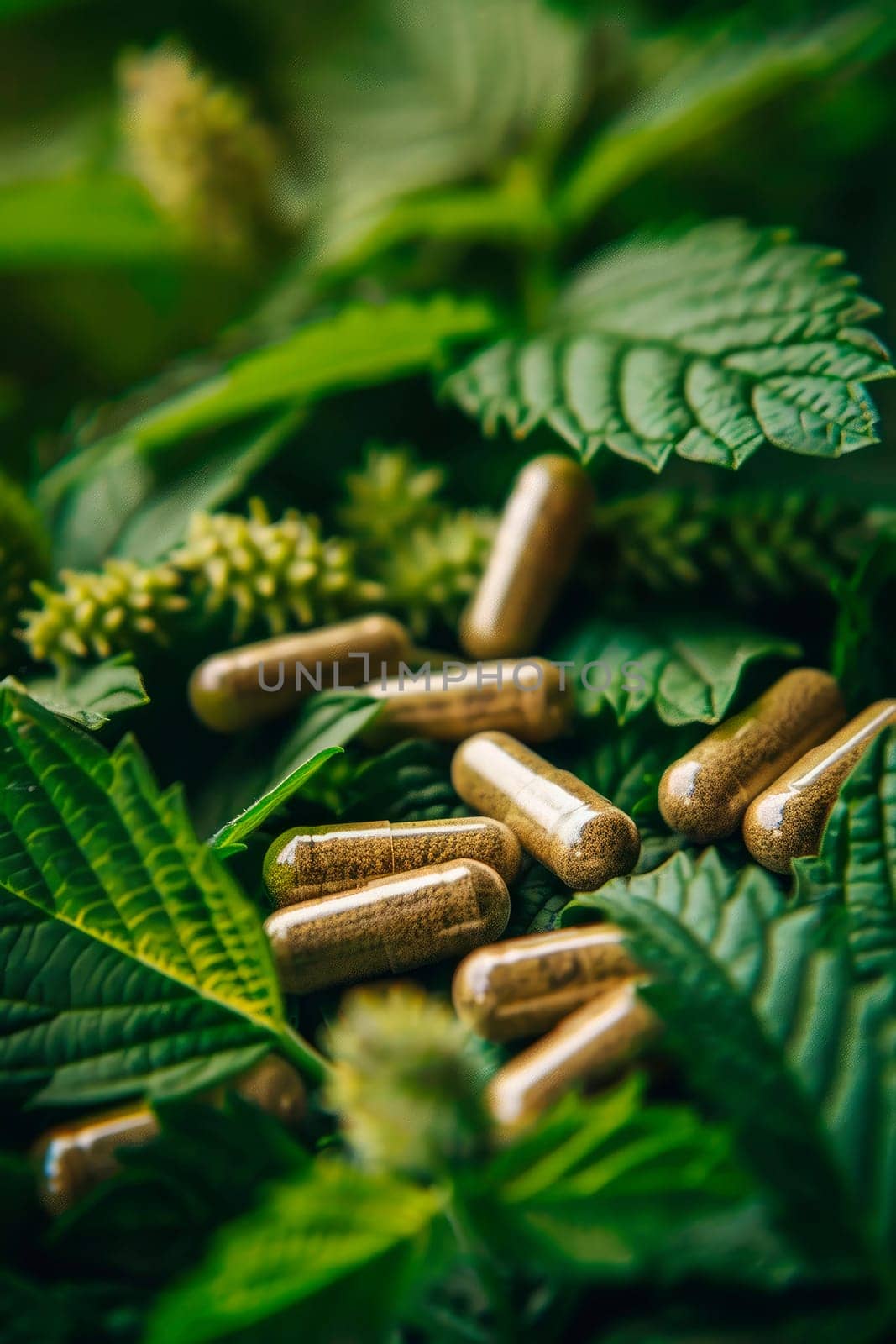 Homeopathy capsules and plant leaves. Selective focus. by yanadjana