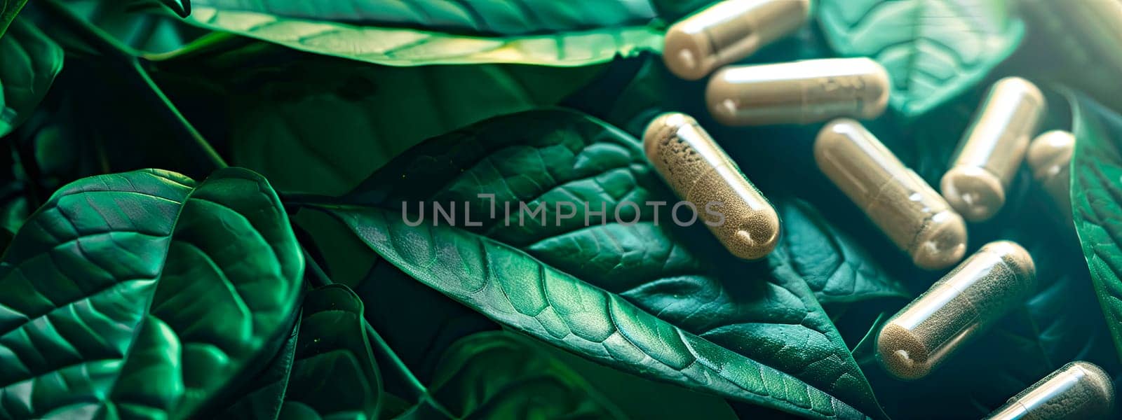 Homeopathy capsules and plant leaves. Selective focus. Nature.