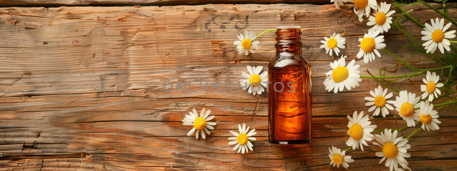 chamomile essential oil in a bottle. Selective focus. by yanadjana