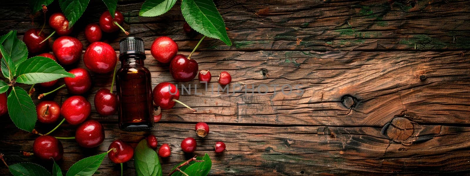 cherry essential oil in a bottle. Selective focus. by yanadjana