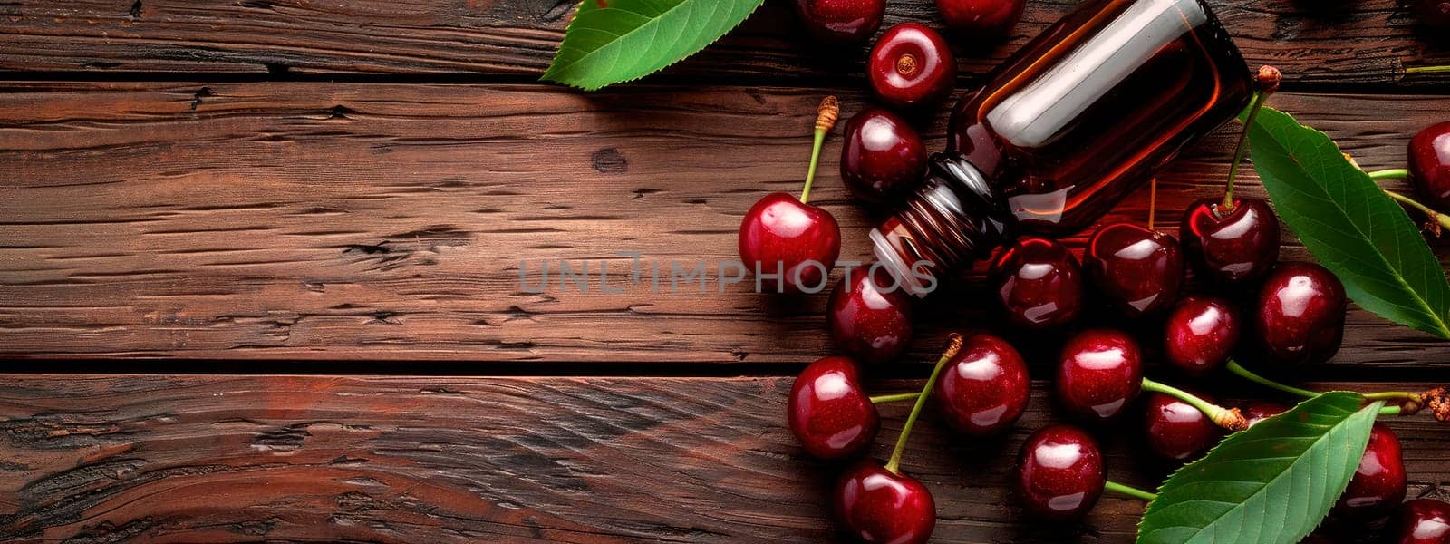 cherry essential oil in a bottle. Selective focus. Nature.