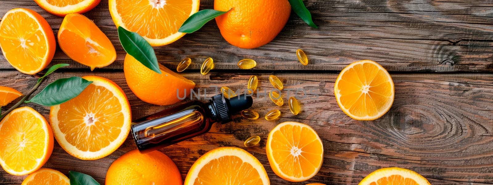 Citrus essential oil in a bottle. Selective focus. by yanadjana