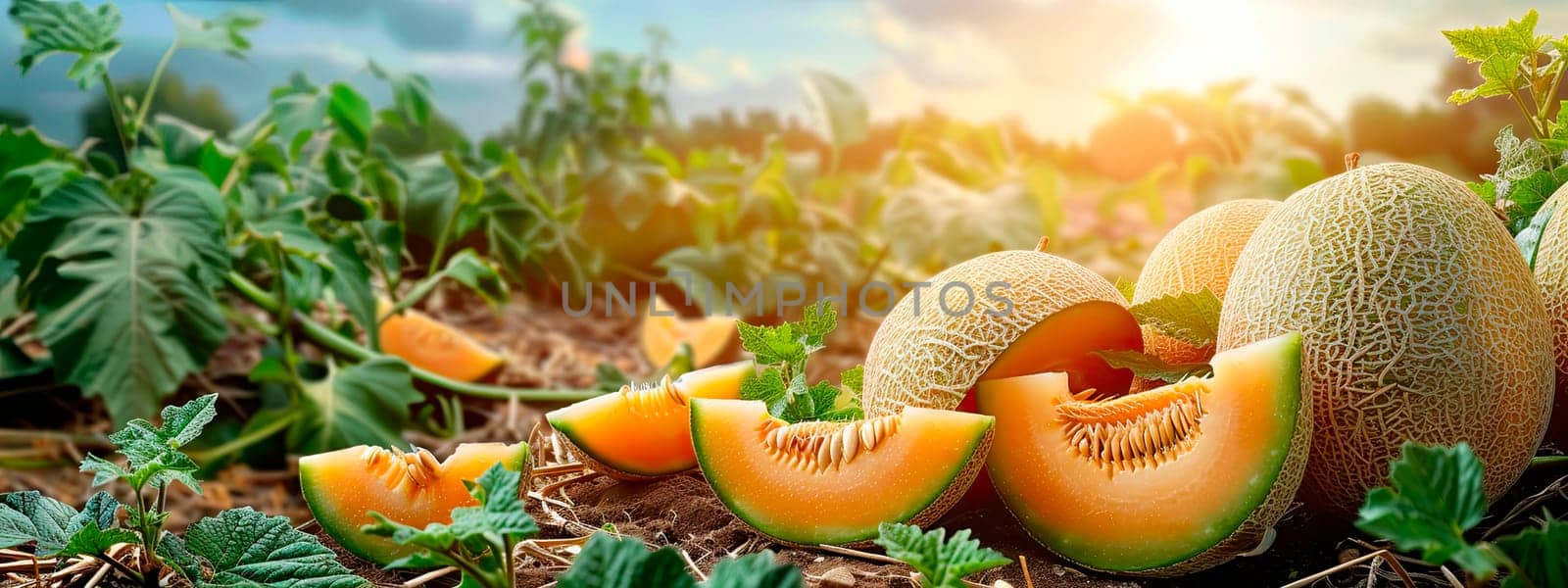 Cantaloupe melon harvest in the garden. selective focus. by yanadjana