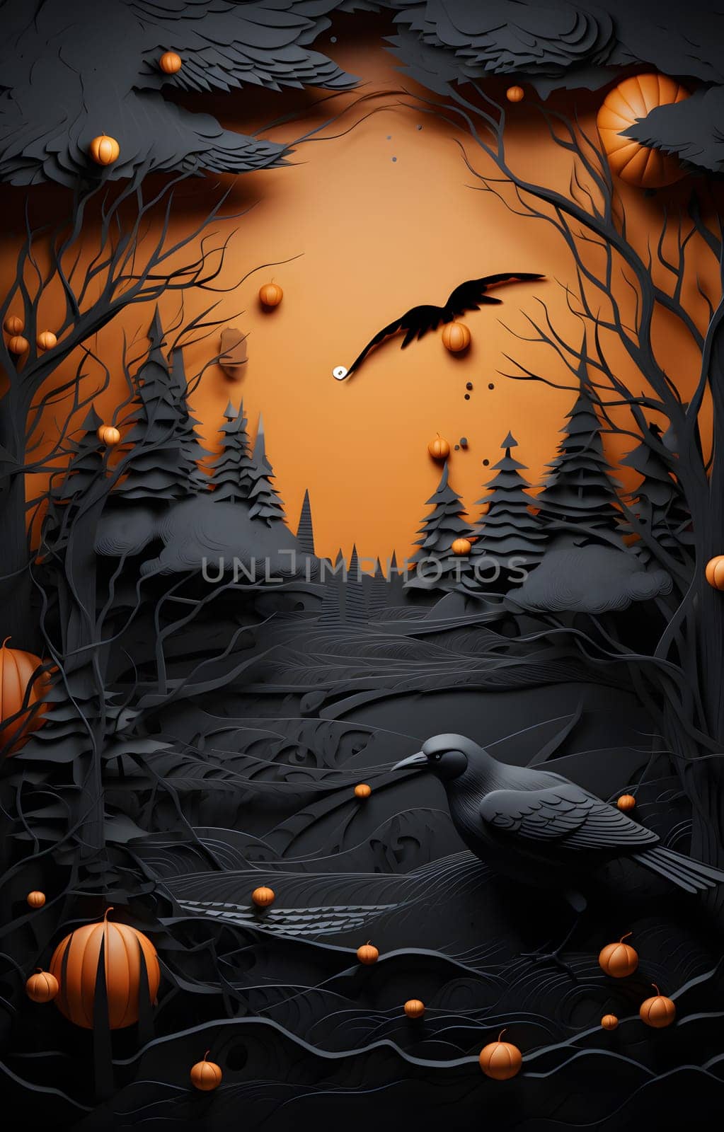 A stunning papercut masterpiece showcasing a captivating night scene. A black raven gracefully soars above a group of orange Halloween pumpkins, guided by the enchanting glow of the moon. Immerse yourself in this artistic depiction of a magical midnight symphony.