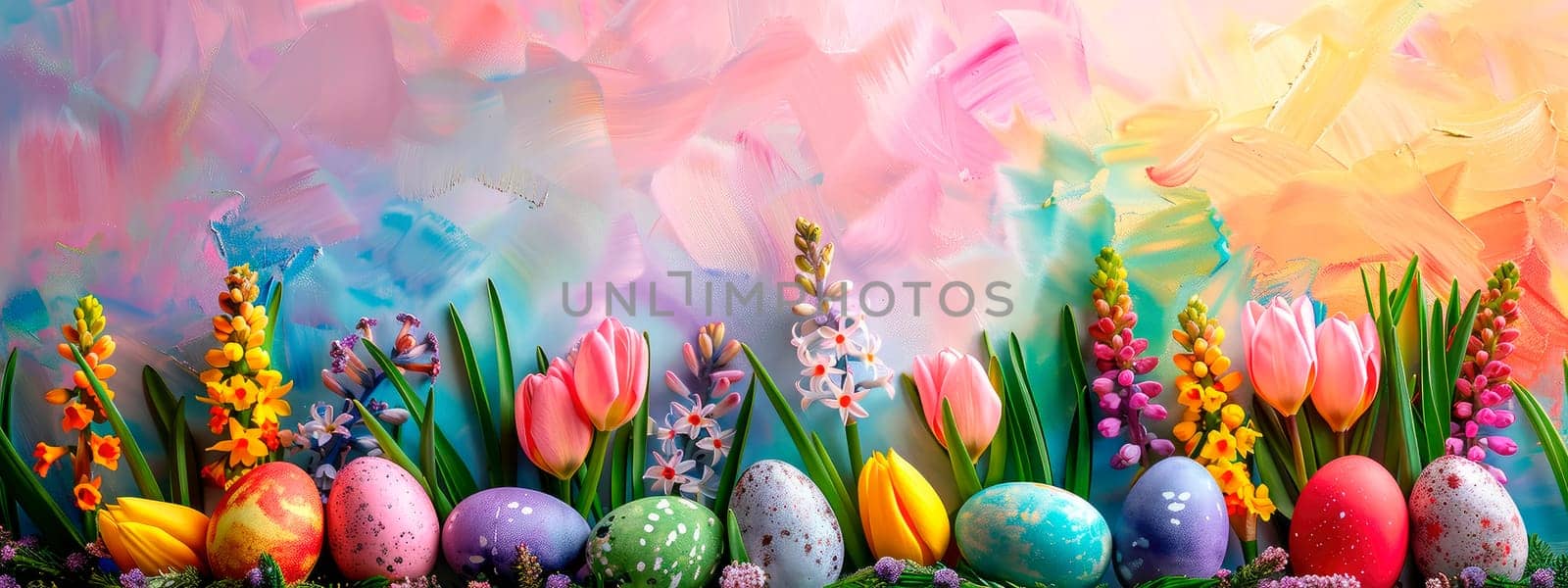 Easter eggs and flowers beautiful background. Selective focus. by yanadjana