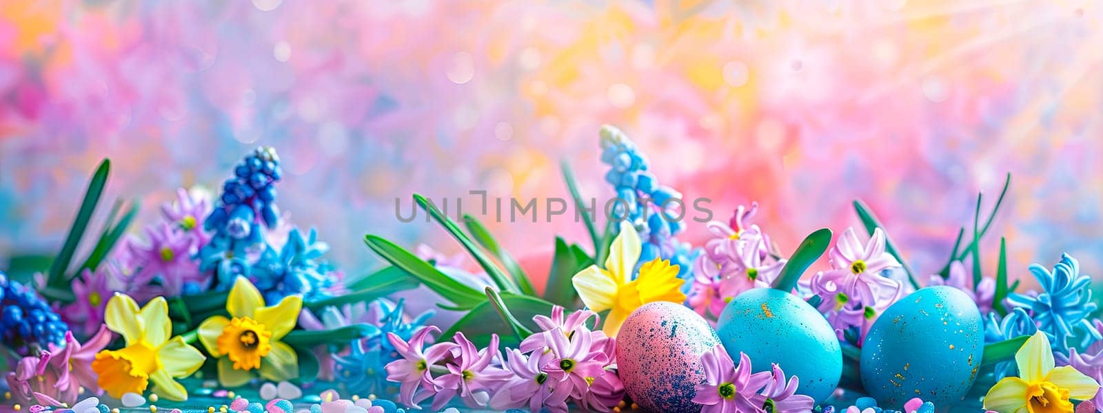 Easter eggs and flowers beautiful background. Selective focus. holiday.