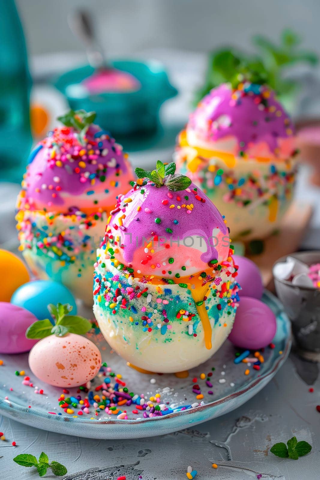 Beautiful Easter dessert and colorful eggs splash. Selective focus. by yanadjana