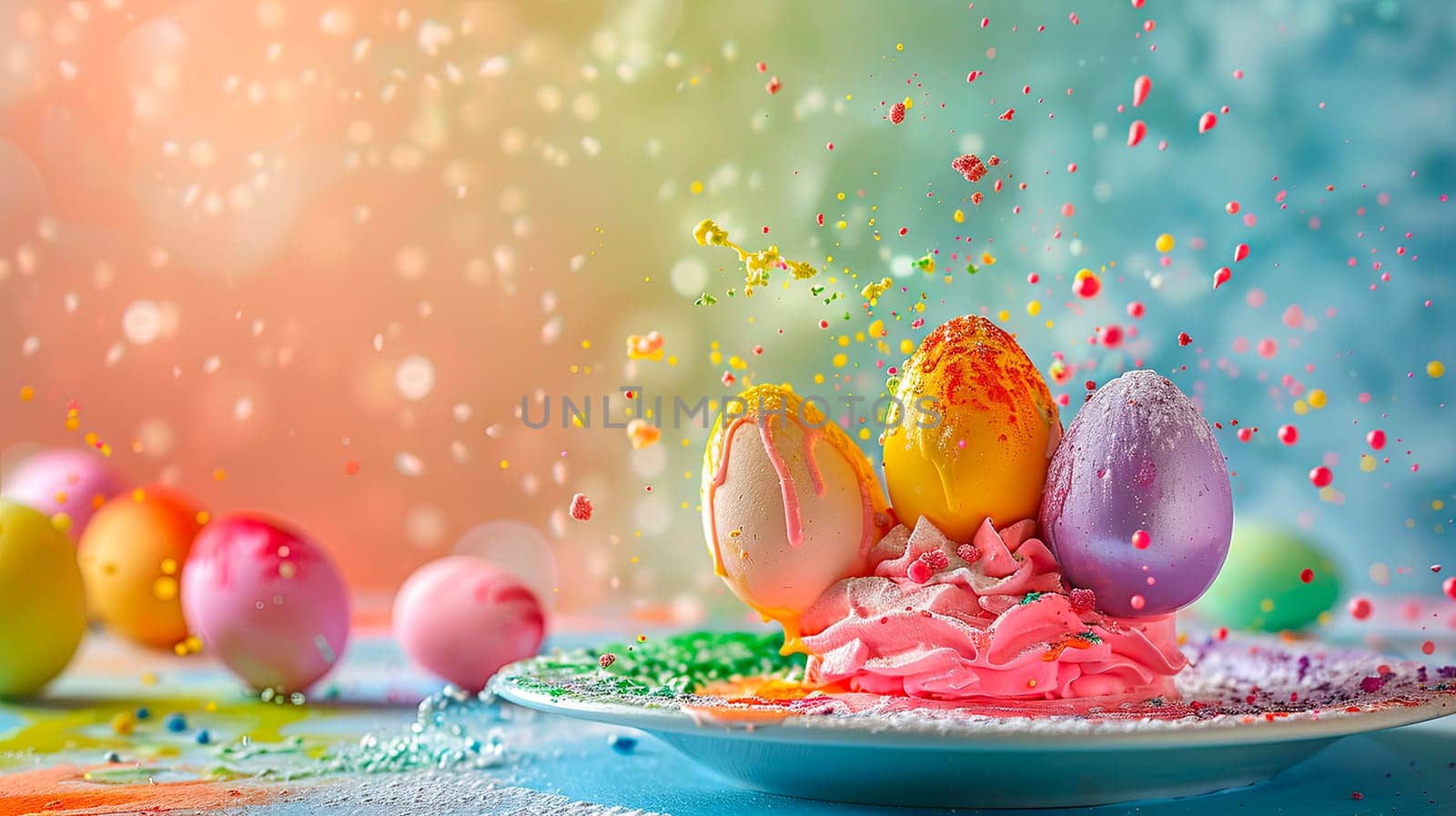 Beautiful Easter dessert and colorful eggs splash. Selective focus. Food.