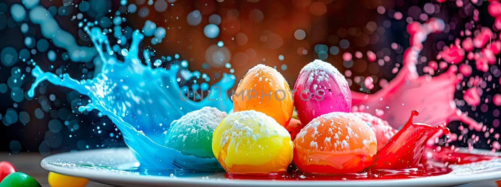 Beautiful Easter dessert and colorful eggs splash. Selective focus. Food.