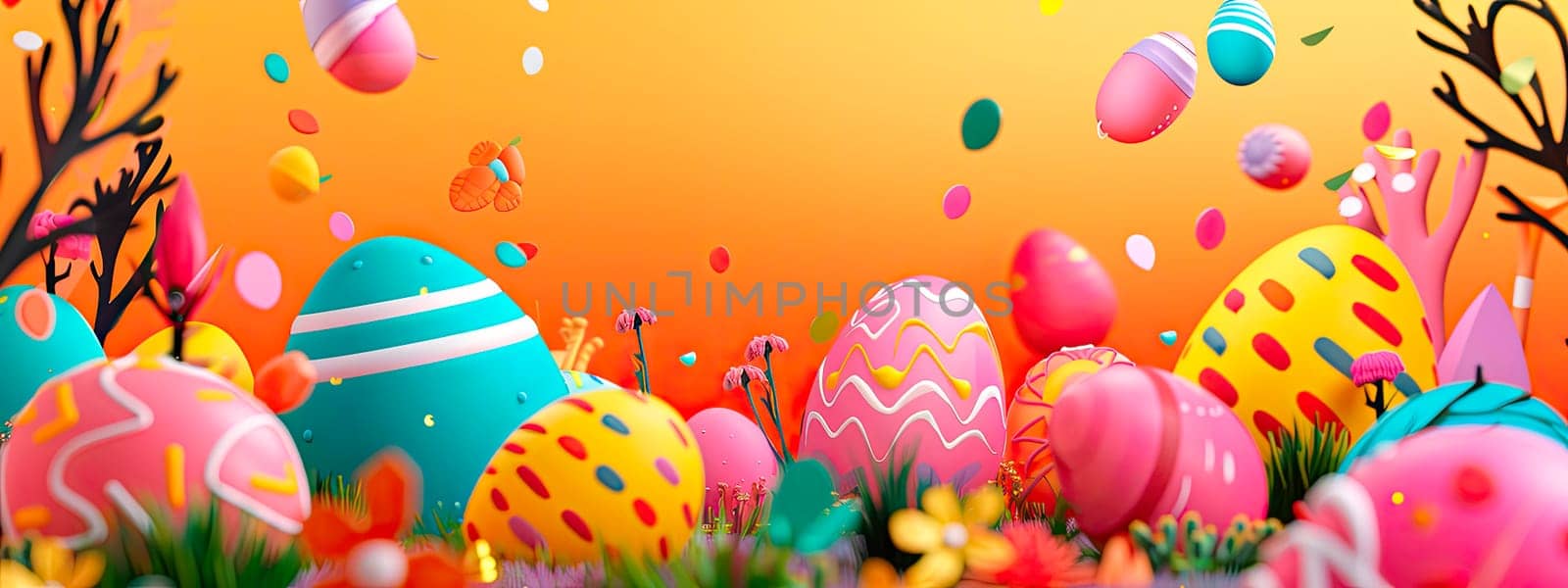 Easter eggs and flowers beautiful background. Selective focus. by yanadjana