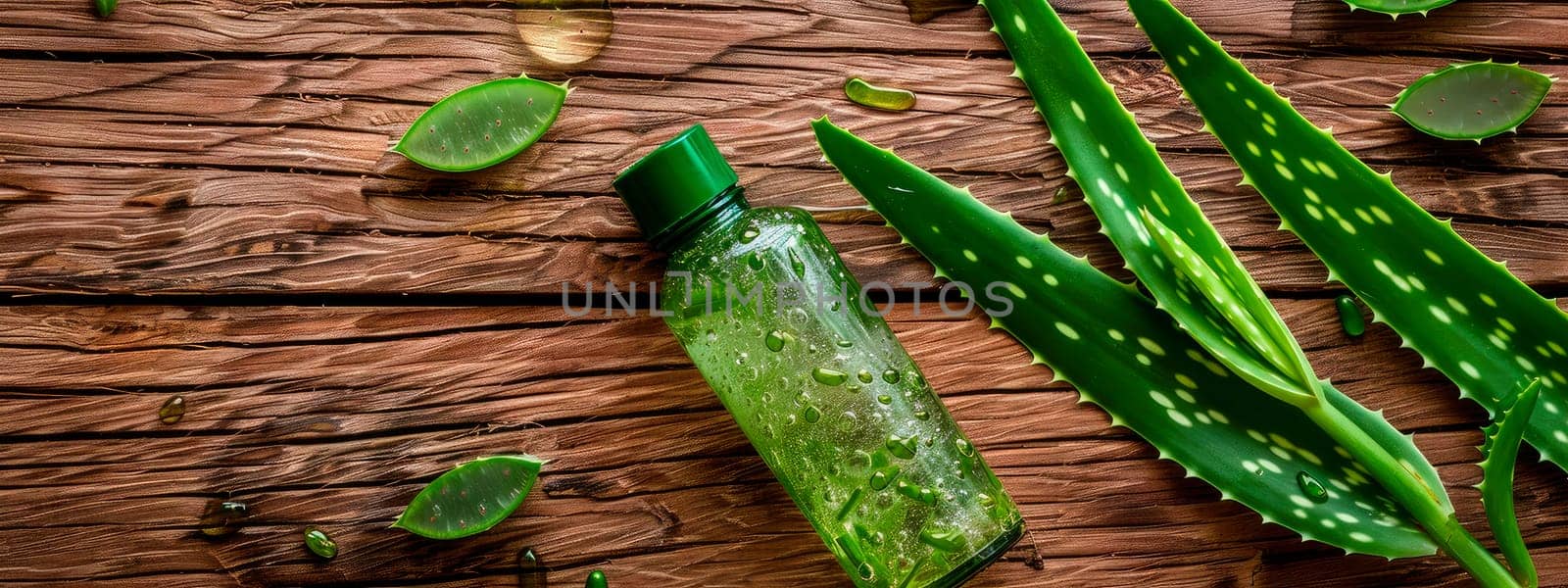 aloe vera essential oil in a bottle. Selective focus. by yanadjana