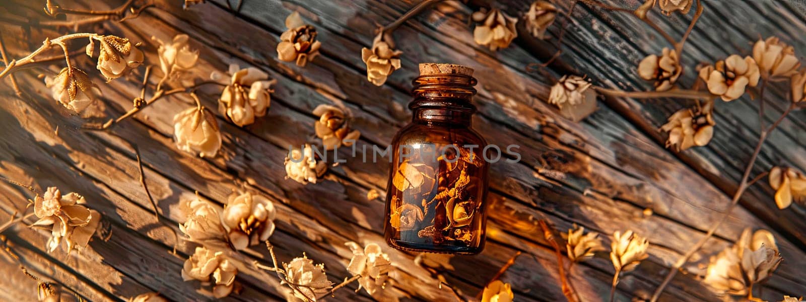 benzoin immortelle resin essential oil in a bottle. Selective focus. Nature.