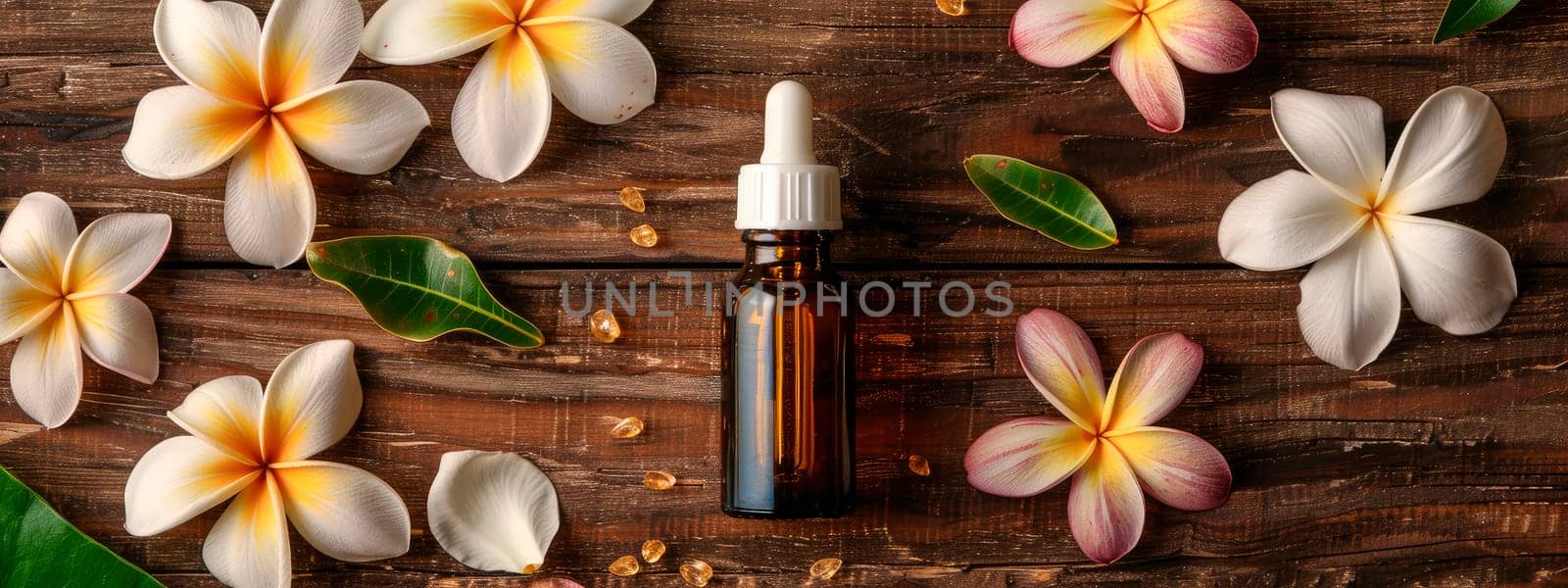 frangipani essential oil in a bottle. Selective focus. Nature.