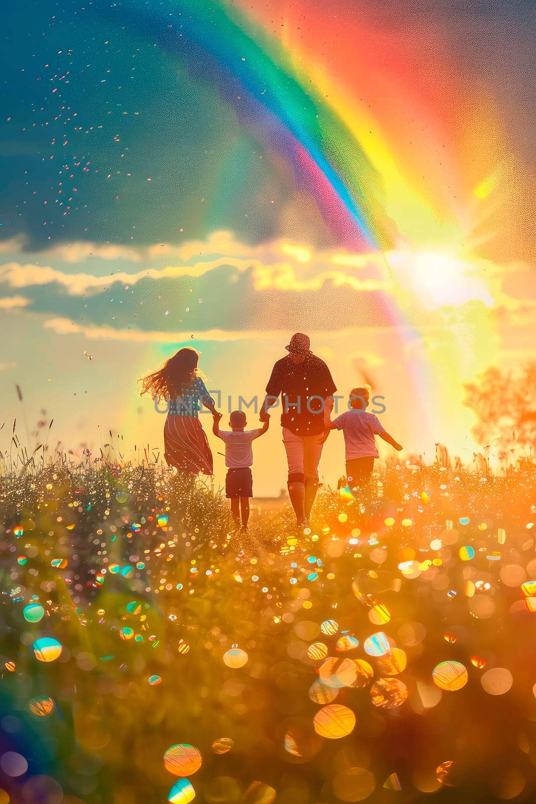 Family against the background of a rainbow in the sky. Selective focus. nature.