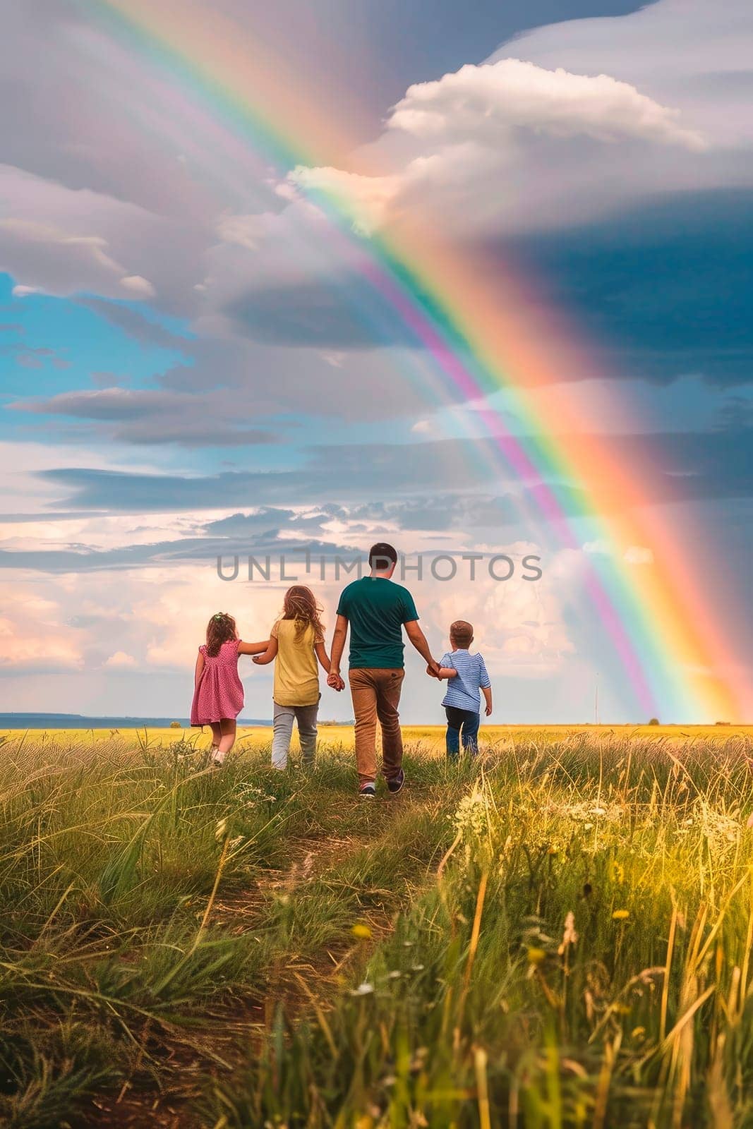 Family against the background of a rainbow in the sky. Selective focus. by yanadjana