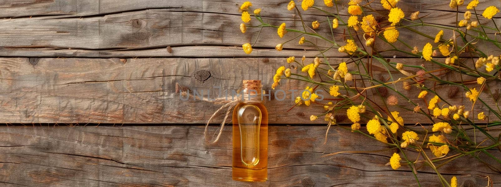 immortelle essential oil in a bottle. Selective focus. Nature.