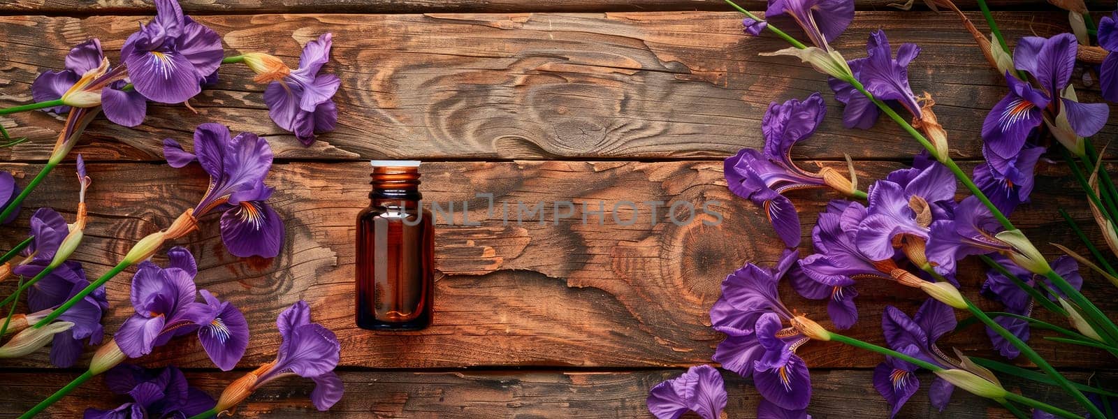 iris essential oil in a bottle. Selective focus. Nature.