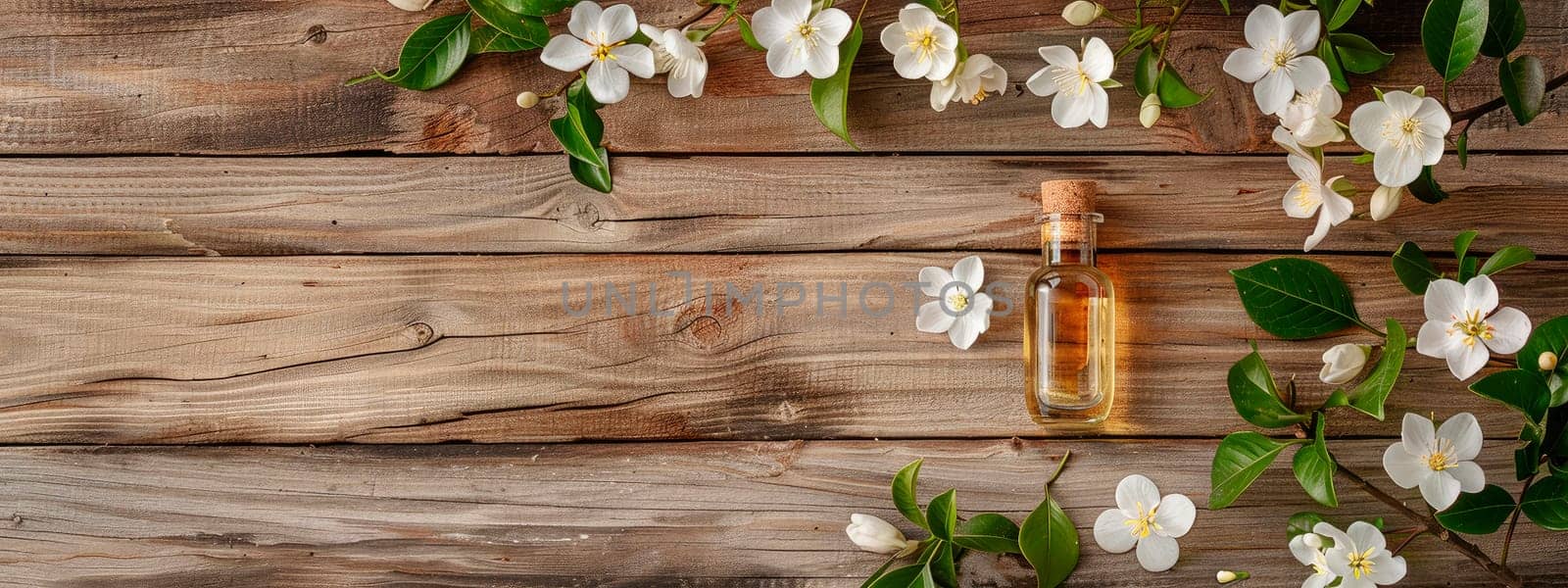 jasmine essential oil in a bottle. Selective focus. by yanadjana