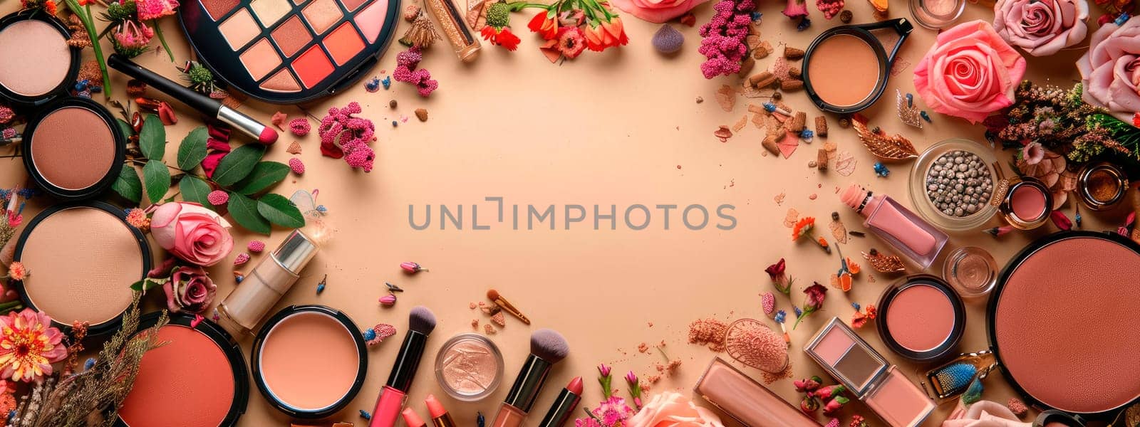 Various decorative cosmetics on a beautiful background. Selective focus. by yanadjana