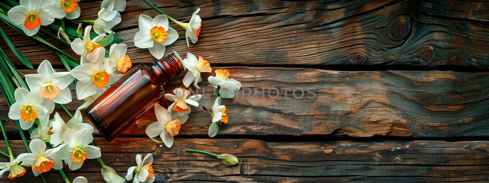 narcissus essential oil in a bottle. selective focus. by yanadjana