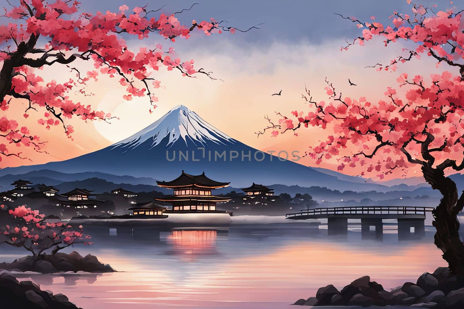 Serene landscape with mountain, pagoda in background. For meditation apps, on covers of books about spiritual growth, in designs for yoga studios, spa salons, illustration for articles on inner peace