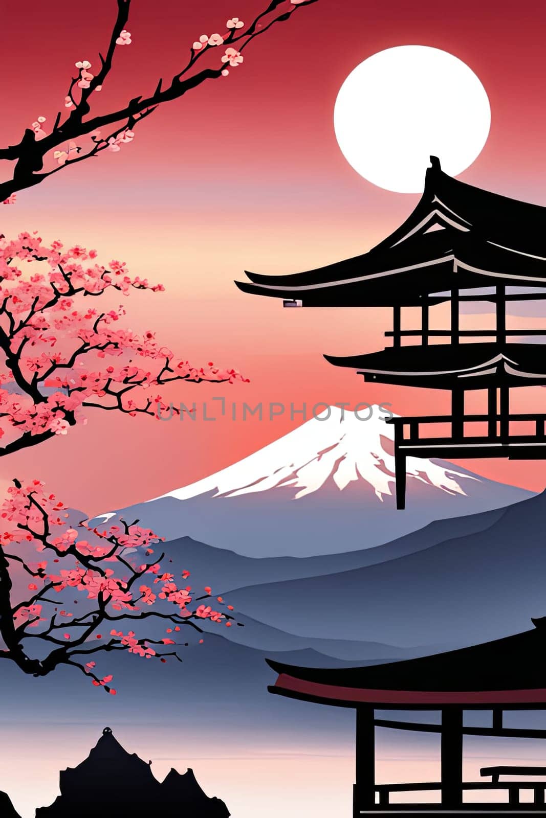 Serene landscape with mountain, pagoda in background. For meditation apps, on covers of books about spiritual growth, in designs for yoga studios, spa salons, illustration for articles on inner peace. by Angelsmoon