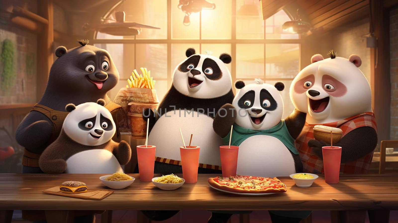 Large family of cute fluffy pandas having fun eating various fast food,french fries,hamburgers and drinking dirty soda by KaterinaDalemans