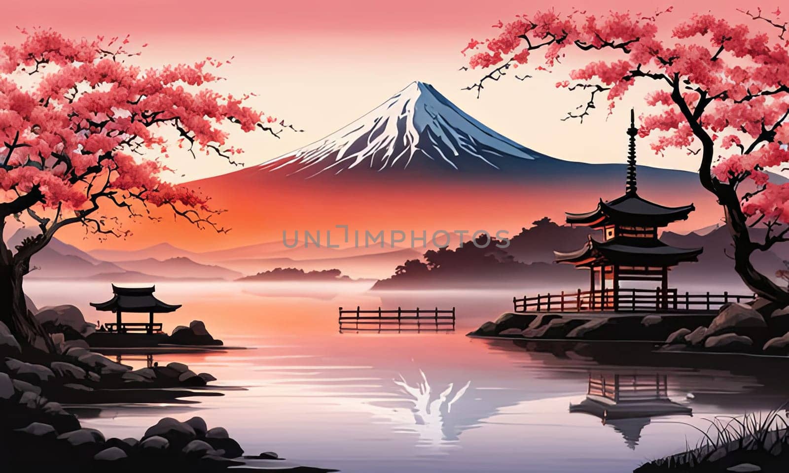 Serene landscape with mountain, pagoda in background. For meditation apps, on covers of books about spiritual growth, in designs for yoga studios, spa salons, illustration for articles on inner peace