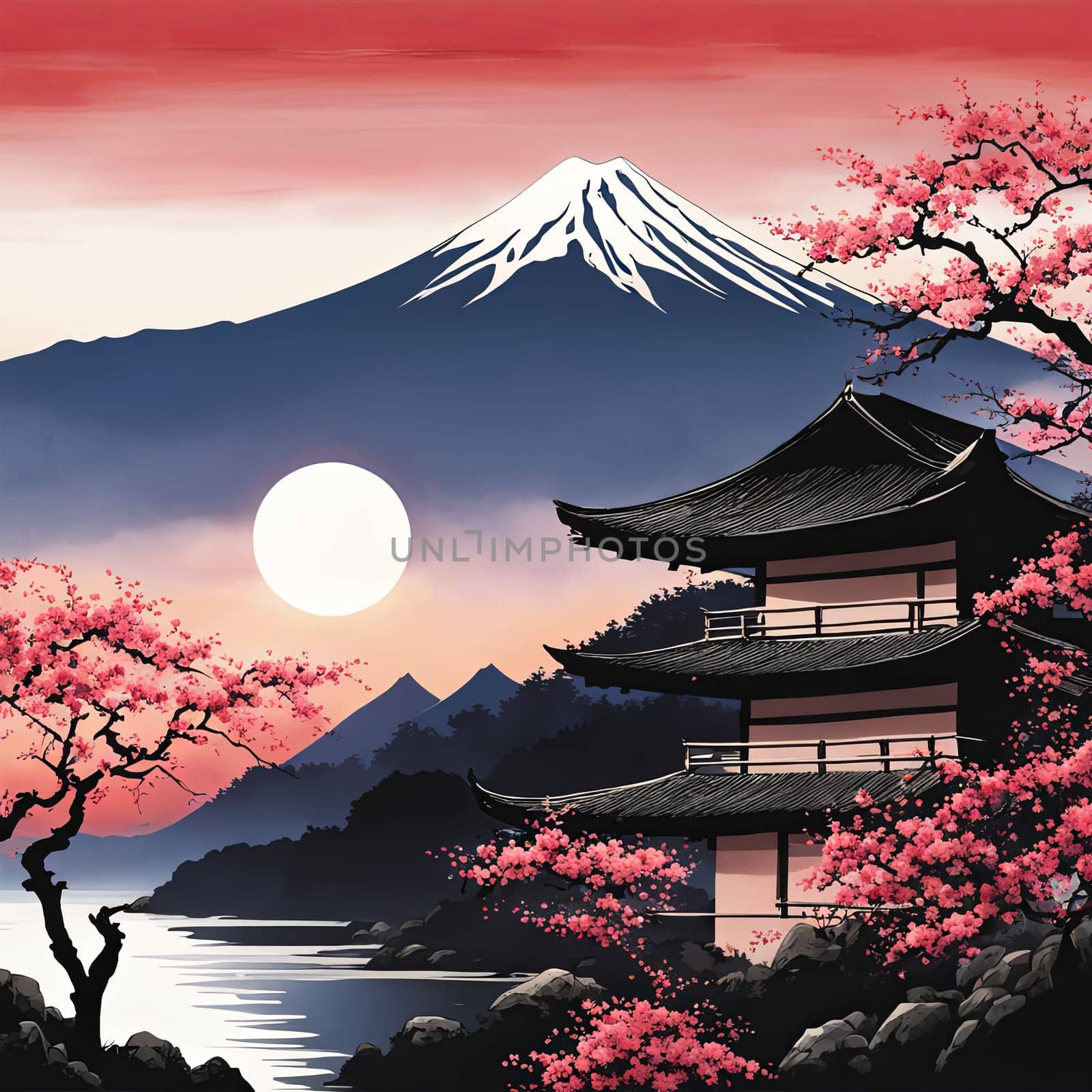 Serene landscape with mountain, pagoda in background. For meditation apps, on covers of books about spiritual growth, in designs for yoga studios, spa salons, illustration for articles on inner peace