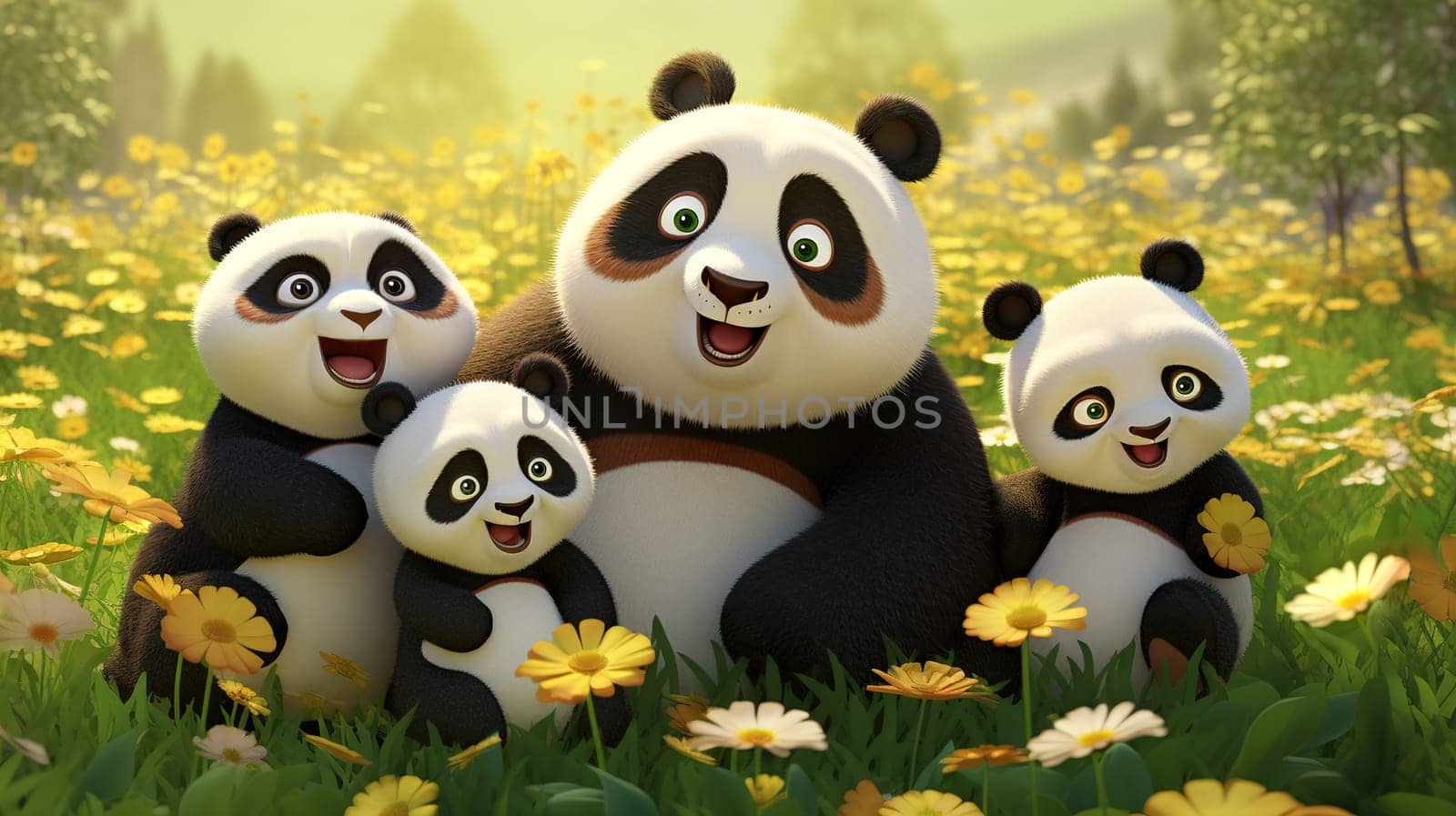 diverse family of cute fluffy pandas of different ages in the forest in flower meadow, clearing, amicably and peacefully sitting together and enjoying summer fun,Generated AI