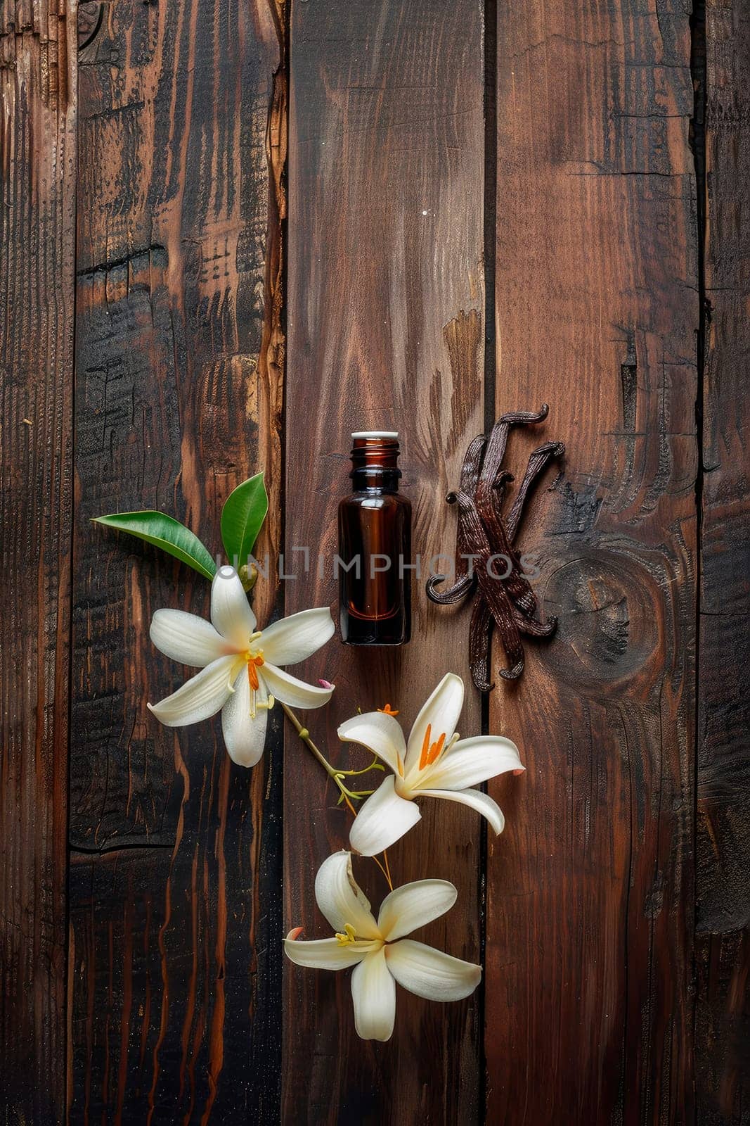 vanilla essential oil in a bottle. selective focus. by yanadjana