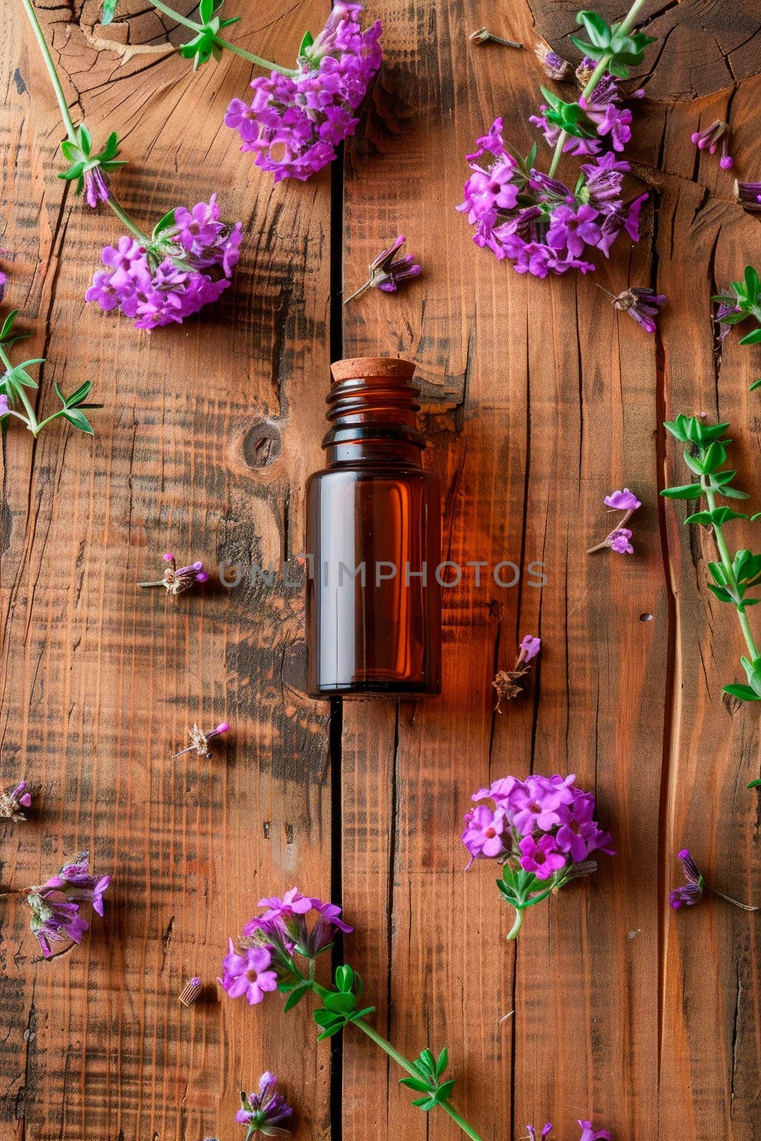 verbena essential oil in a bottle. selective focus. by yanadjana
