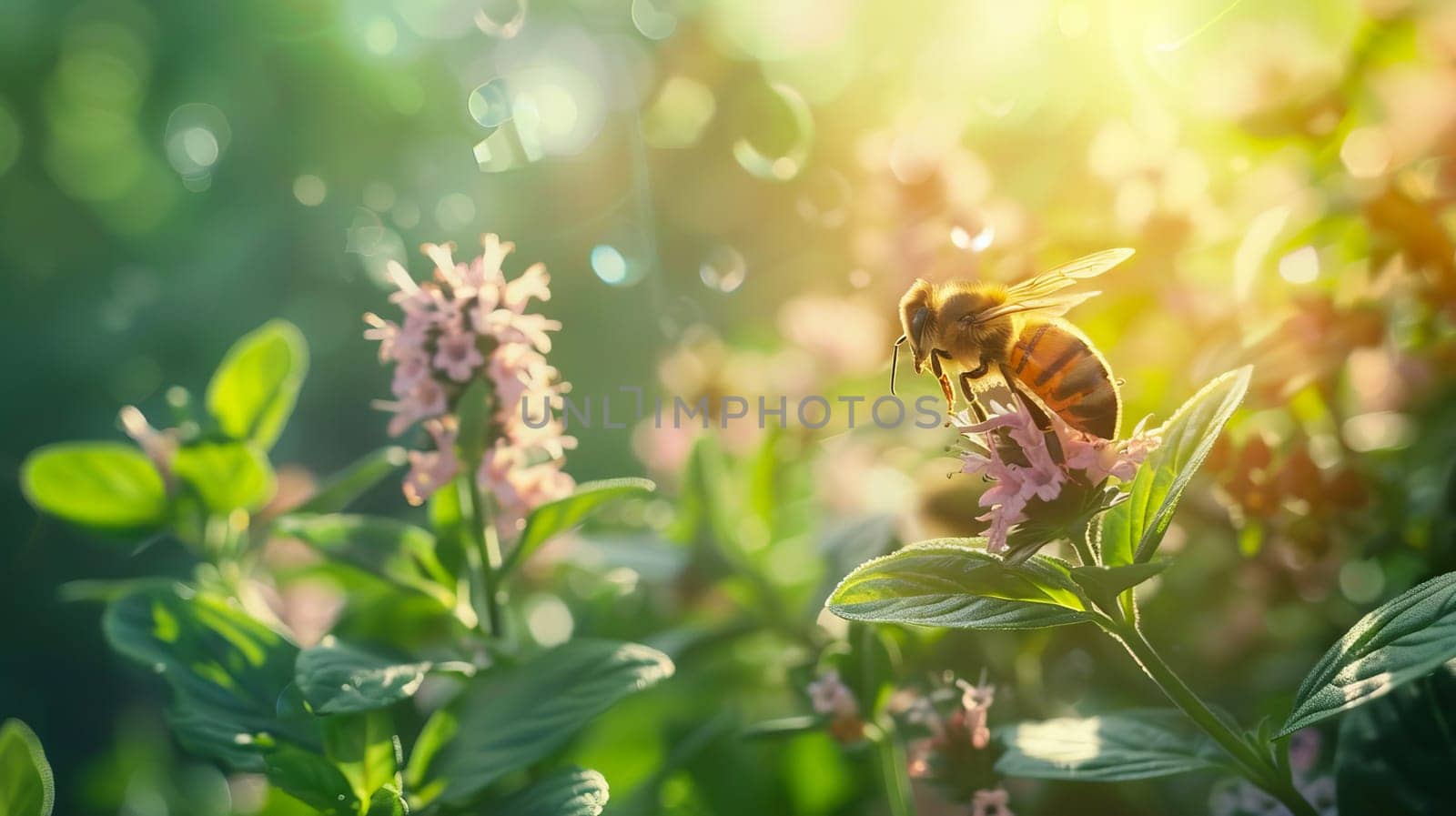 A honey bee collects nectar from oregano flowers in a garden in summer.