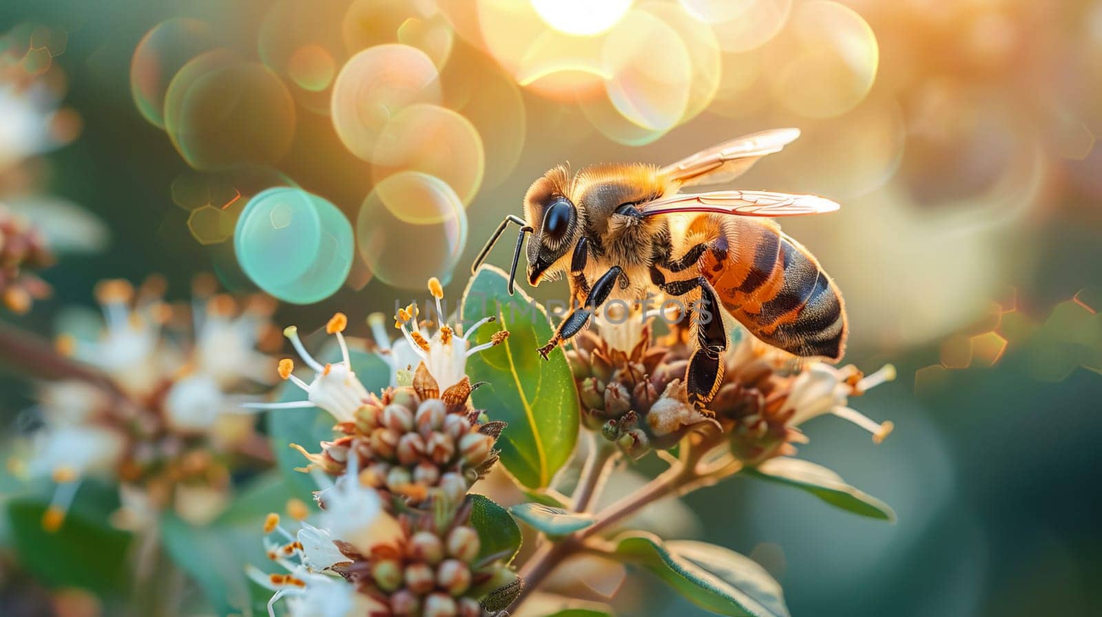 A honey bee collects nectar from oregano flowers in a garden in summer.