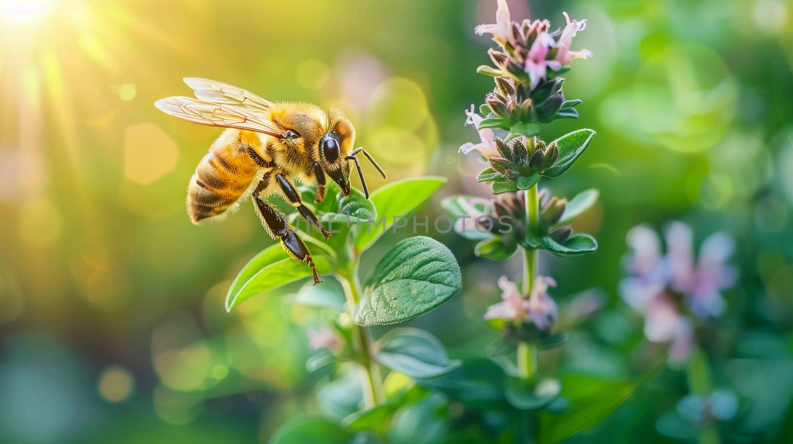 A honey bee collects nectar from oregano flowers in a garden in summer.