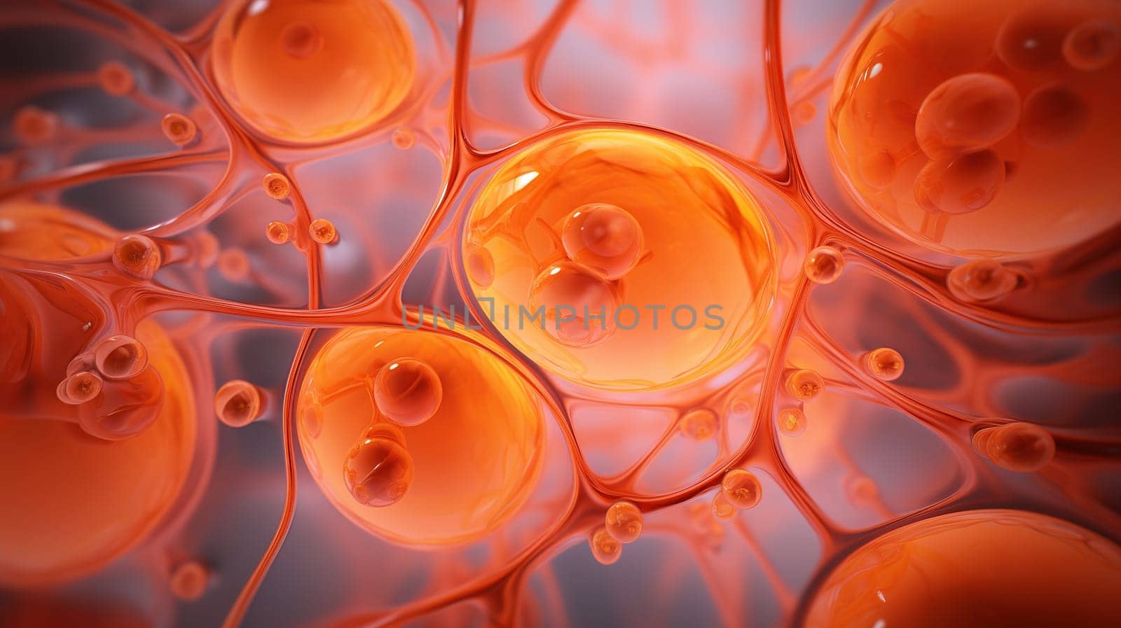 fat cells adipocytes under a microscope with an image of blood vessels, abstract molecular cellular structure of protein tissues of the body, view from inside a healthy human body,Generated AI
