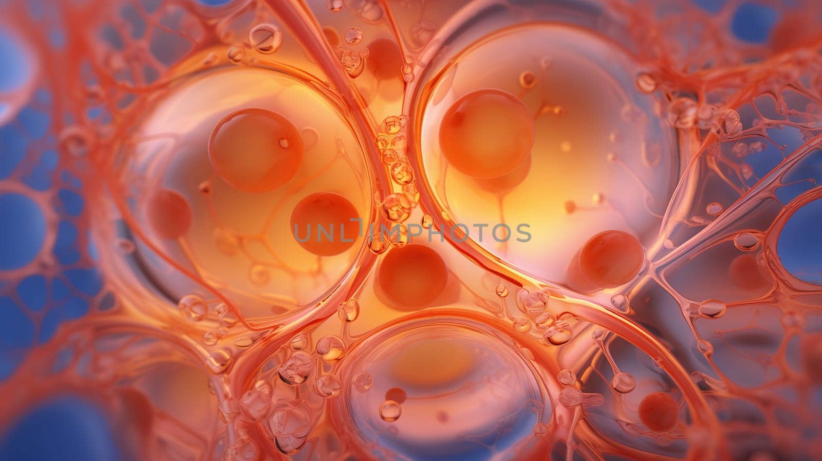 fat cells, adipocytes or blood cells in body tissues under a microscope, abstract molecular cellular structure by KaterinaDalemans