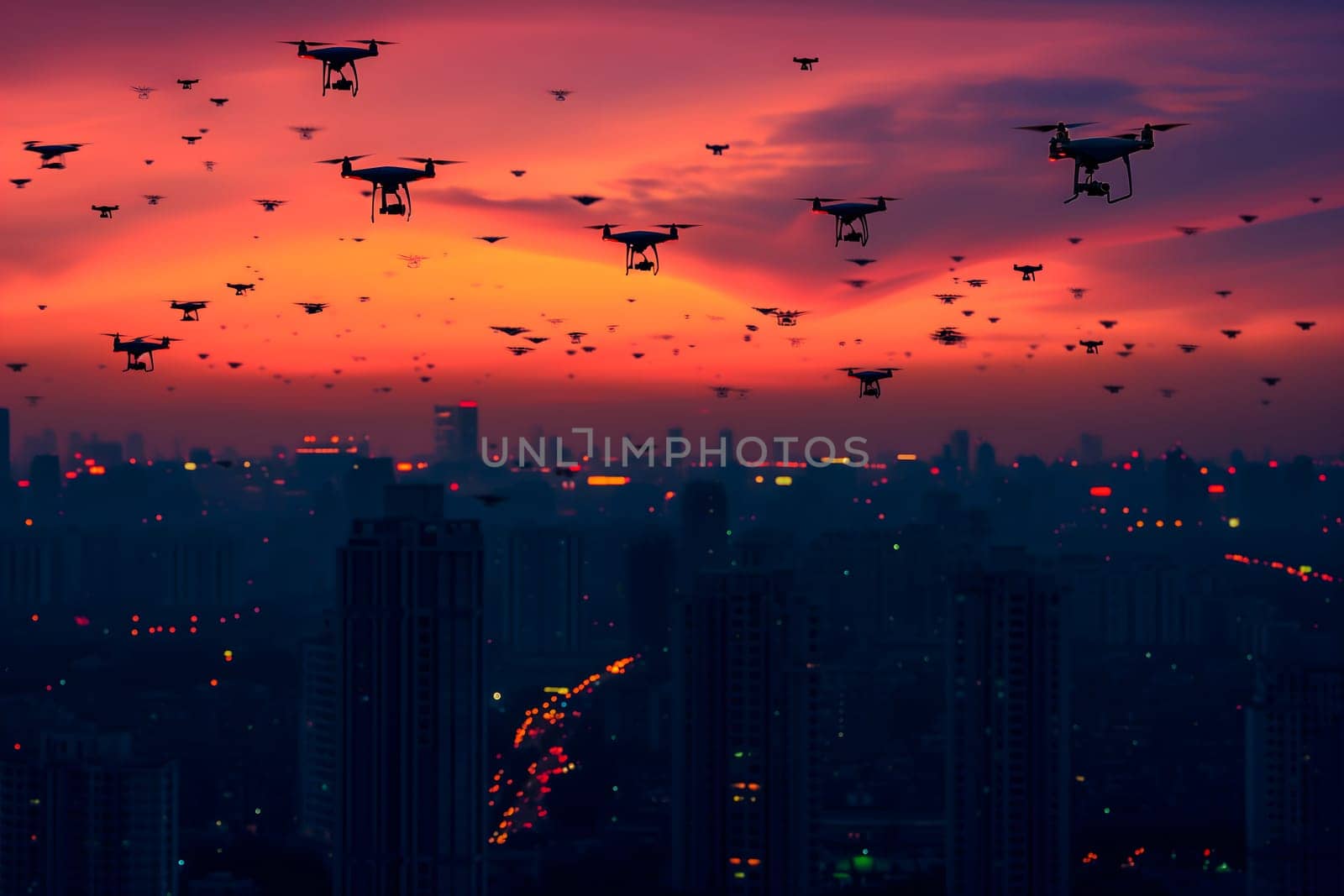 Group of drones over city at summer morning or evening. Neural network generated image. Not based on any actual scene or pattern.