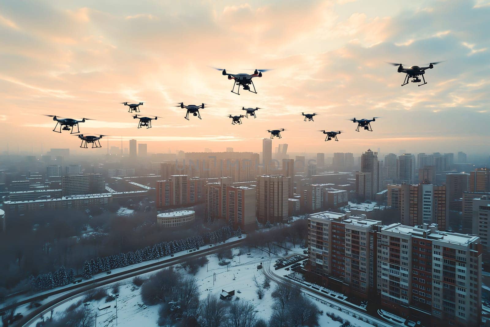 Group of drones over city at winter morning. Neural network generated image. Not based on any actual scene or pattern.