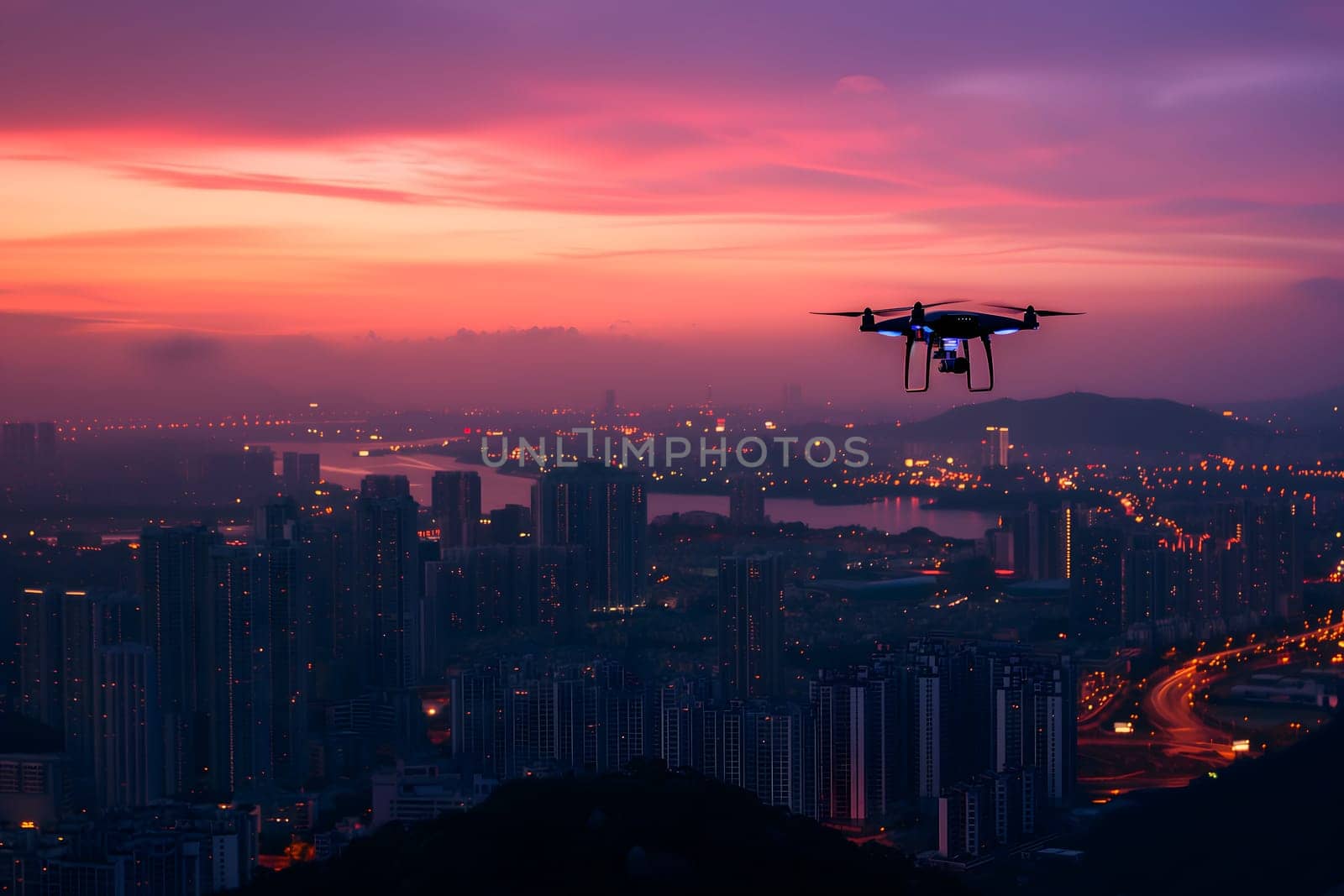 one drone over city at summer sunrise by z1b
