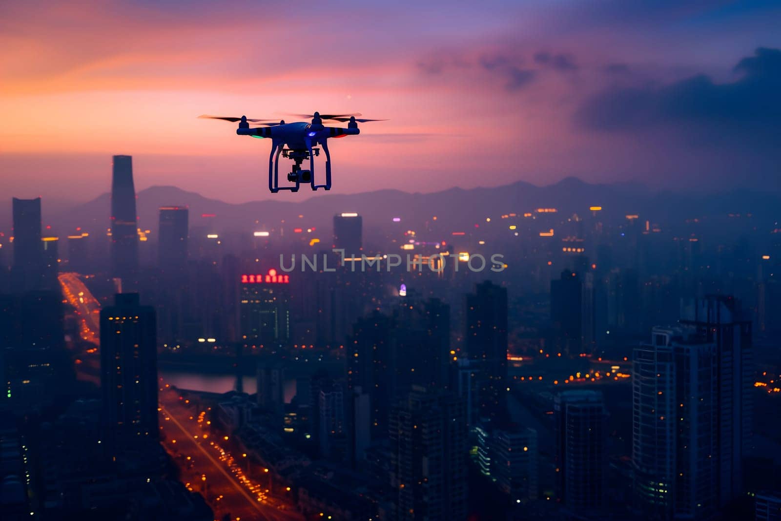 one drone over city at summer sunset or sunrise by z1b