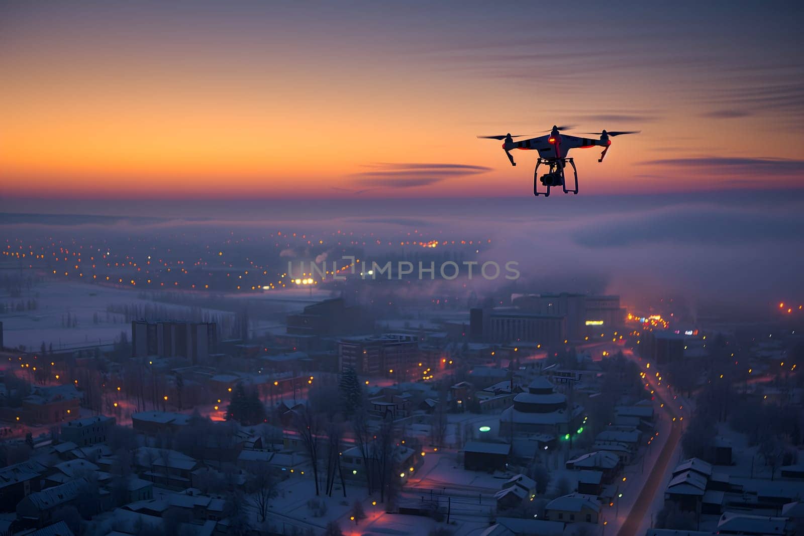 Flying drone above the city at snowy winter morning. Neural network generated image. Not based on any actual scene or pattern.